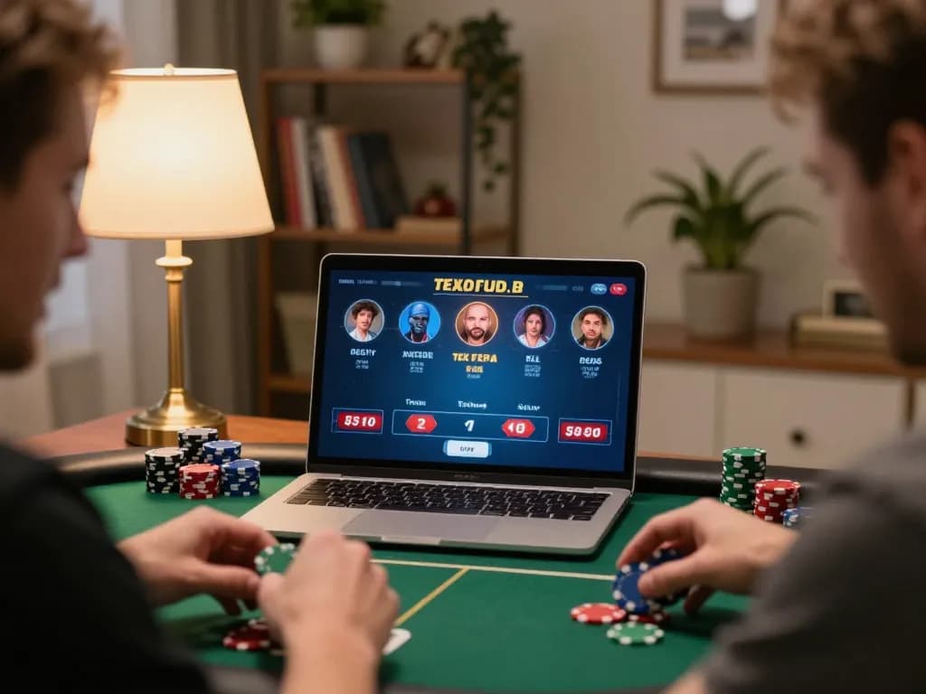 Playing poker online with vibrant interface showcasing a Texas Hold'em game and poker chips.
