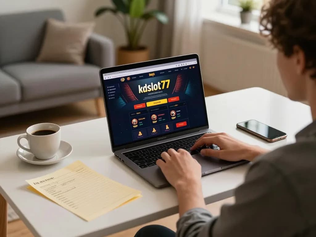 Engaging in strategic online gaming at kdslot77 casino interface on a laptop in a cozy home office.