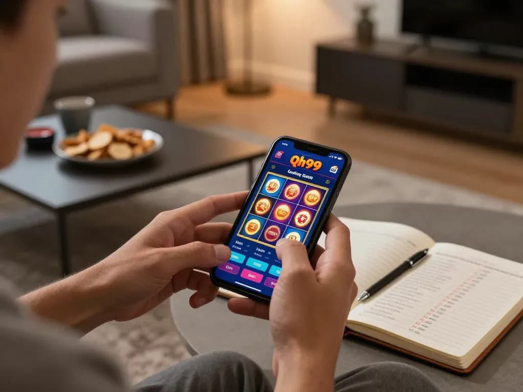 Engaging in Qh99 online casino gaming on a smartphone in a cozy living room