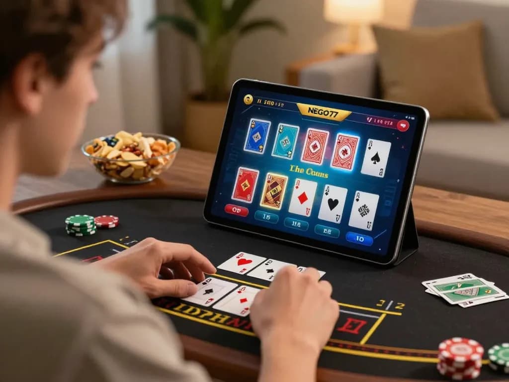 Engaging in online blackjack with NEGO77 on a tablet in a cozy home setting.
