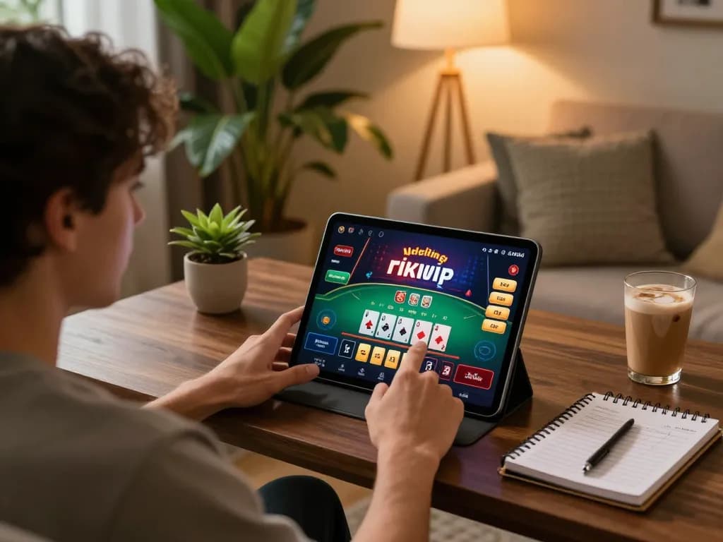 Engaging with the rikvip casino app on a tablet, showcasing live dealer Blackjack action in a cozy setting.