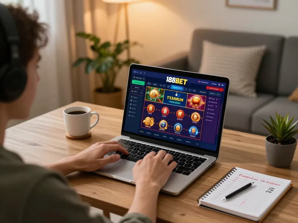 Player engaging in exciting 188bets online games from home with a laptop and strategy notes.