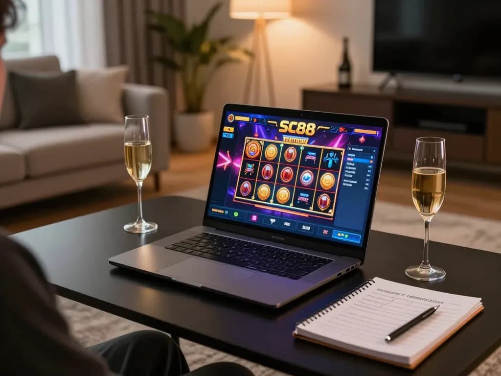 Engaging player exploring SC88 slot games on a high-end gaming setup in a stylish home.