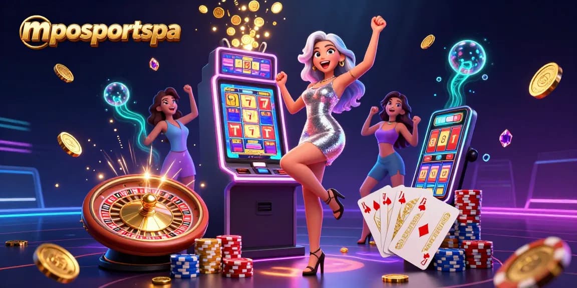 Mposportspa menampilkan suasana kasino yang hidup dengan seorang wanita yang penuh gioia merayakan jackpot.