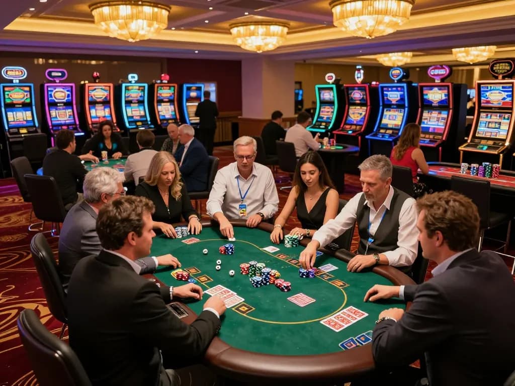 Players engaging in strategic gameplay at a vibrant casino with incakoin-themed promotions