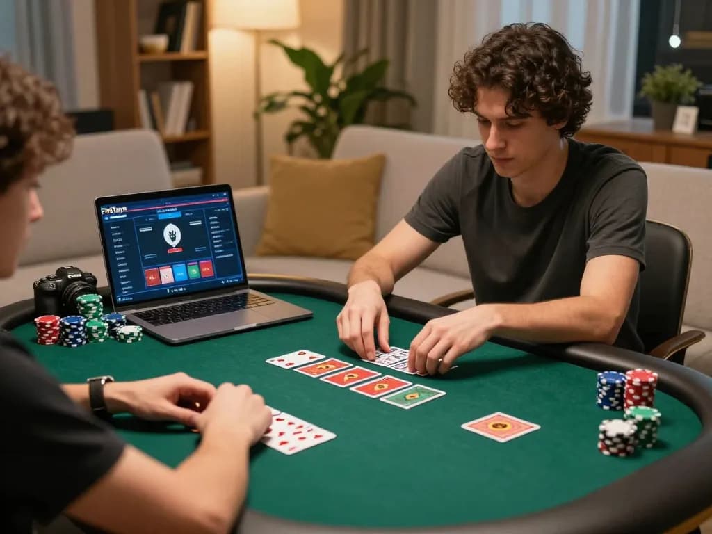 Phtaya user engaged in online poker game on laptop at home, focusing on strategic play with colorful chips in view