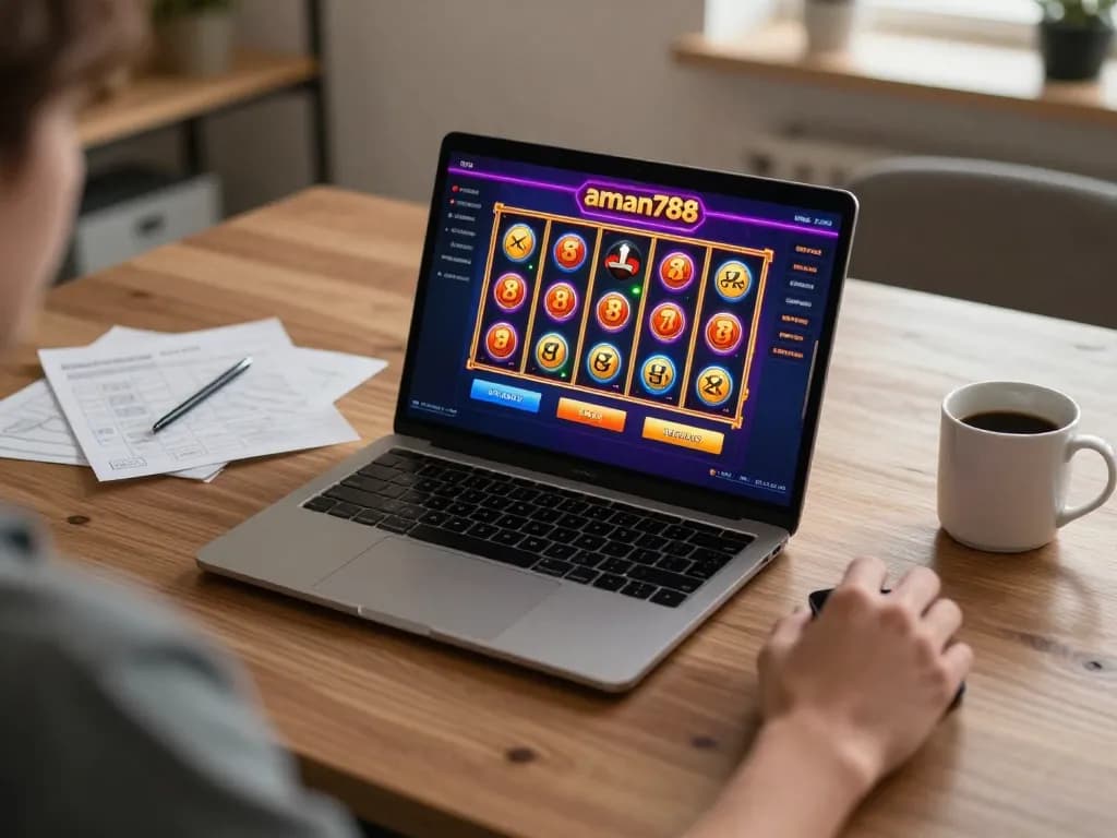 A person engaging with aman788 slot game interface on a laptop, capturing the excitement of online gambling.