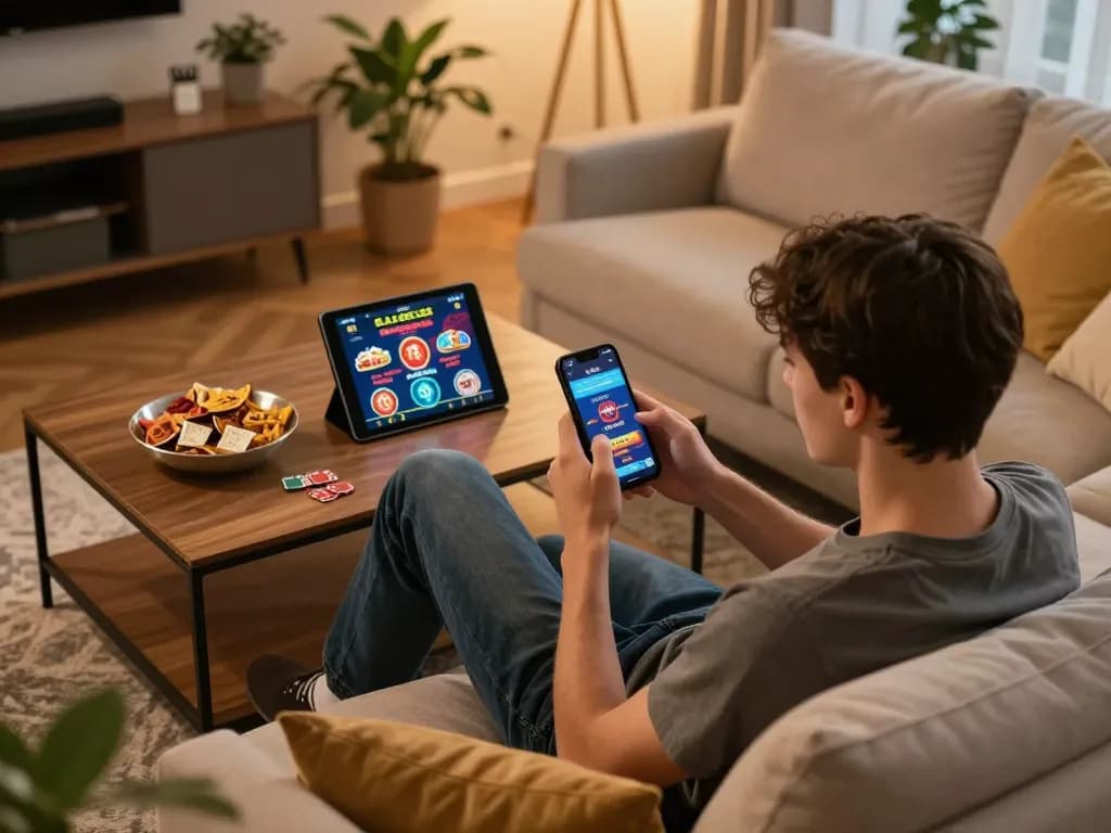 Person enjoying online gambling on TG88 app, surrounded by a cozy home atmosphere.