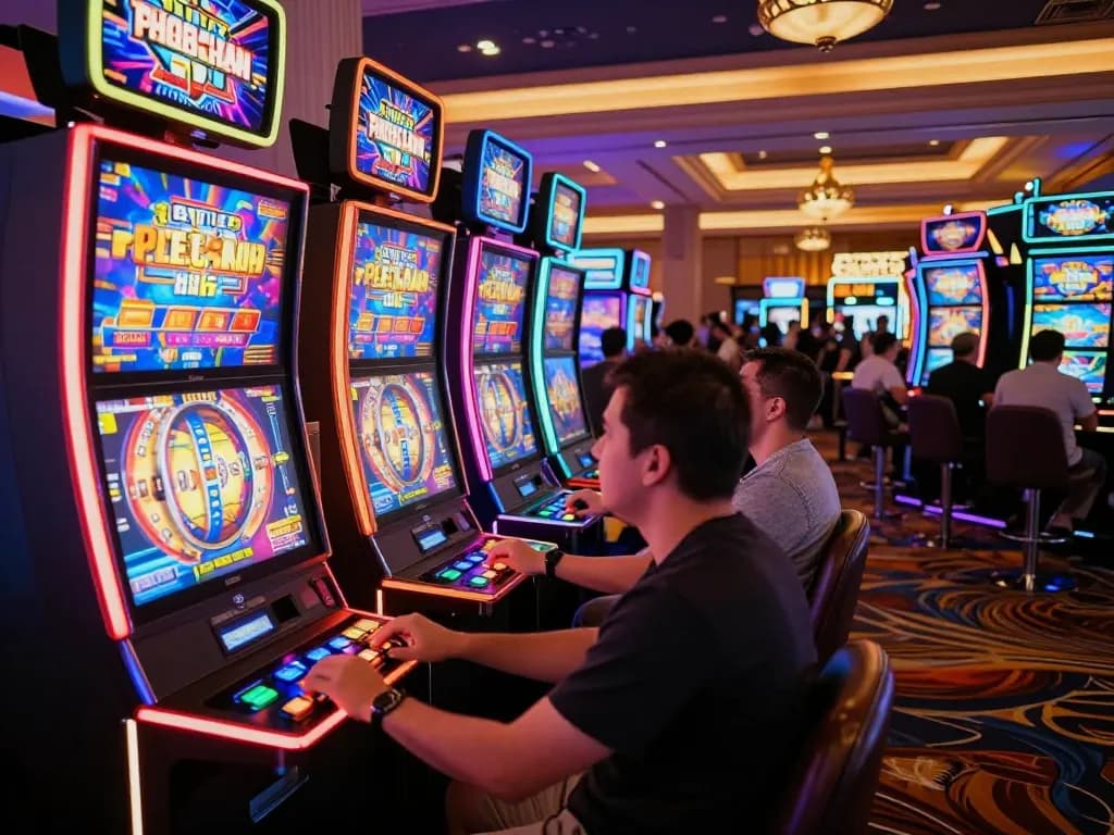 Engaged players at the situs slot machines generating excitement in a vibrant casino atmosphere