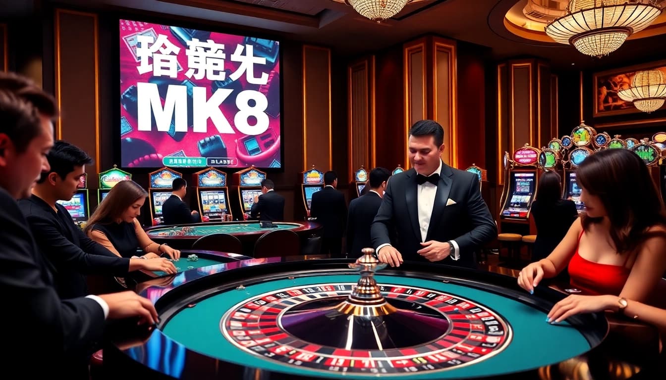 Experience the thrill of เครดิตฟรี MK8 at a luxurious casino with roulette, chips, and excited players.