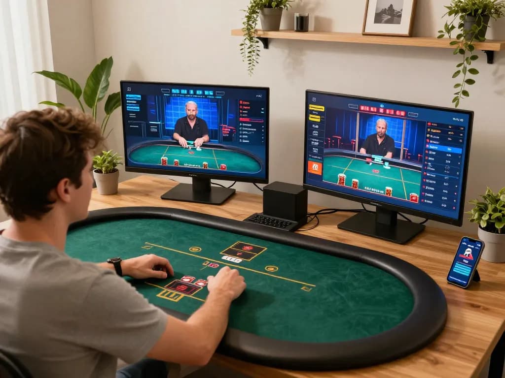 Engaging in a strategic sun win online poker game from a stylish home setup.