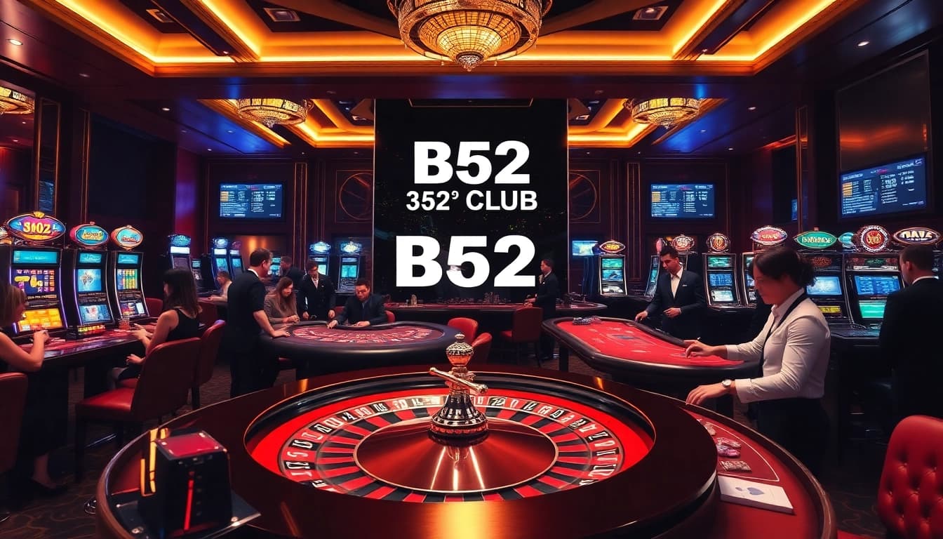 Players celebrating a win at B52 CLUB casino, surrounded by vibrant slot machines and poker tables.