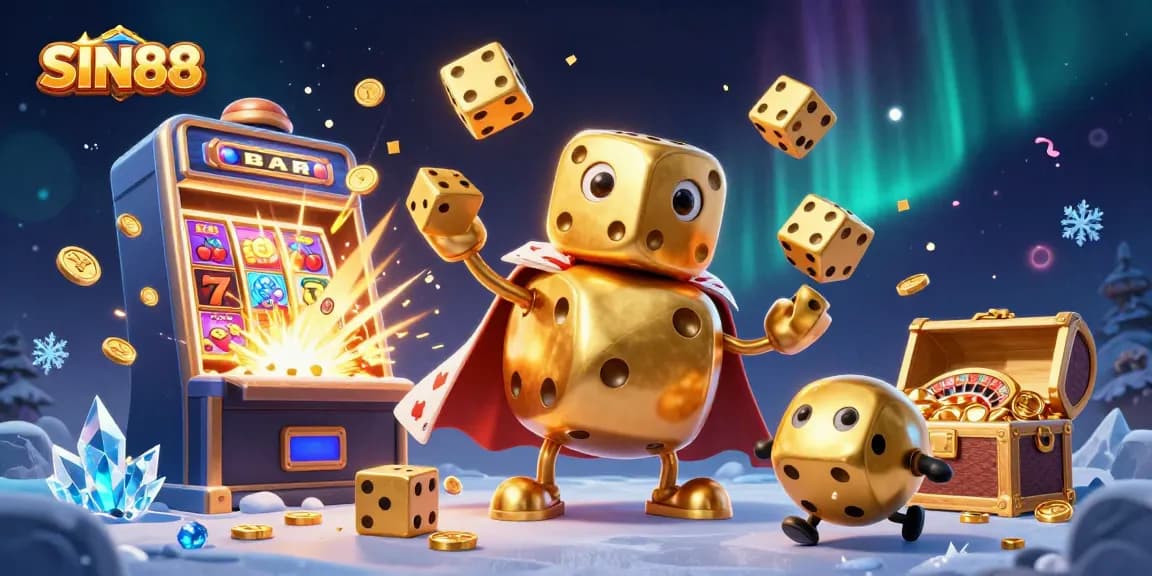 SIN88 spins with golden dice characters in a dynamic casino scene full of action and vibrant colors