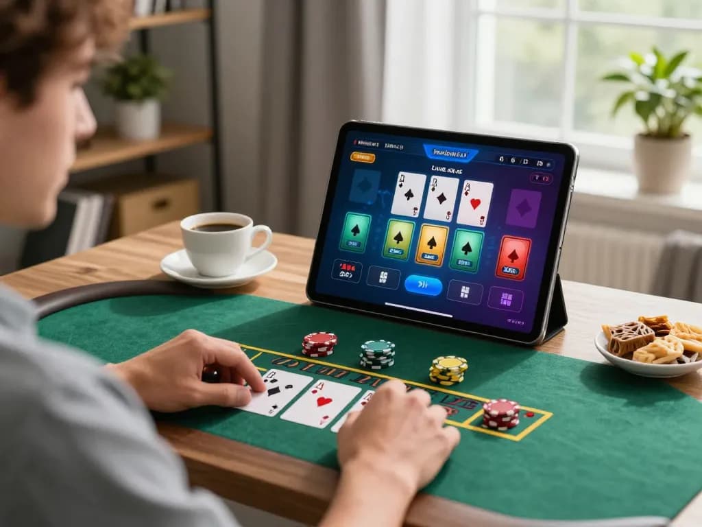 77WIN player enjoying live dealer blackjack on a tablet in a cozy home office
