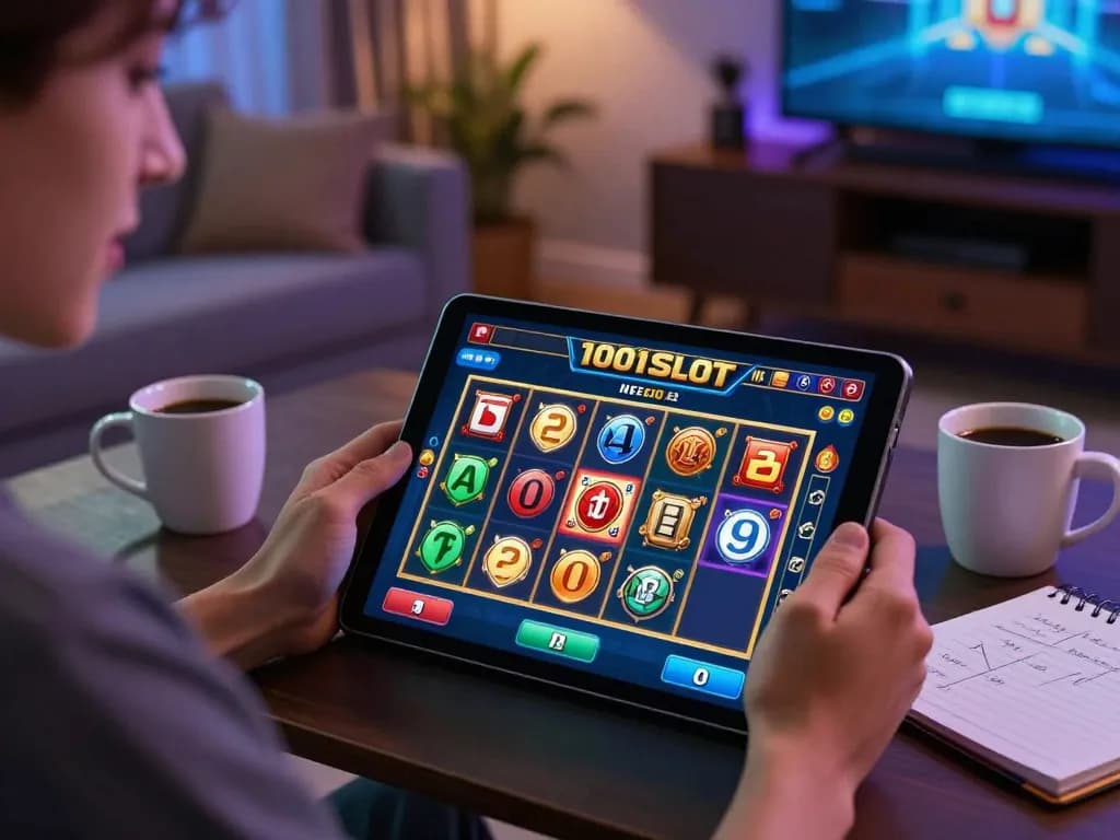 Player engaging with the 1001SLOT online gaming interface in a cozy living room setting, showcasing excitement and strategy.