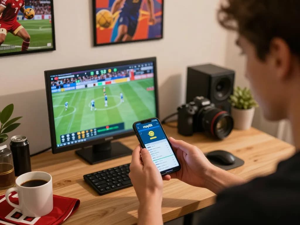 Engaged user placing bets on the may88 app in a vibrant home office setting.
