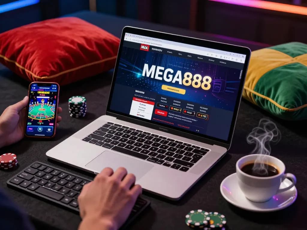 Engaging with the MEGA888 online gaming interface from a luxurious home setup, creating a strategic gambling experience.