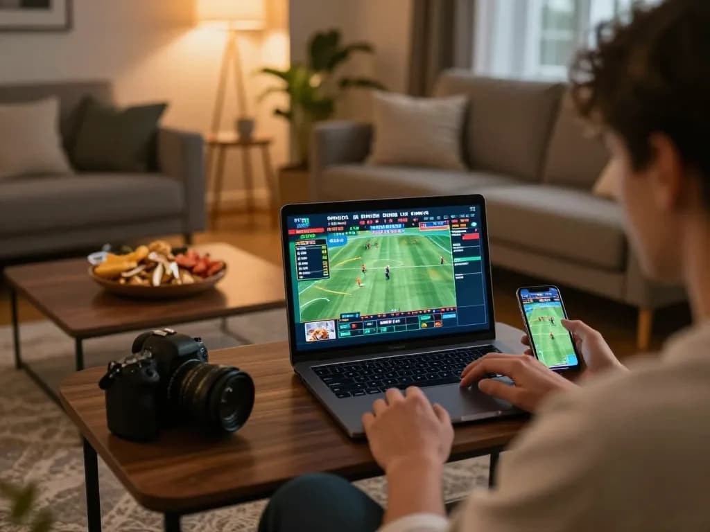 Hello88 online sports betting setup with a person engaged on a laptop, showcasing a cozy gaming atmosphere