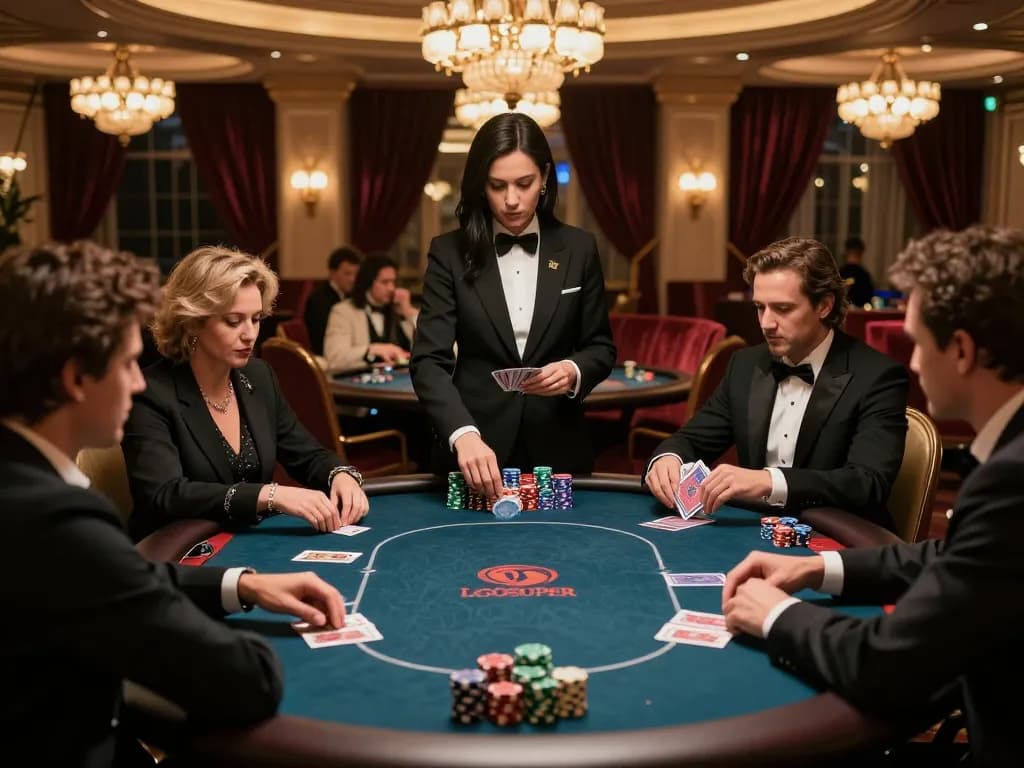 Engaging poker game in a high-roller area at LGOSUPER, showcasing sophisticated players strategizing their bets.