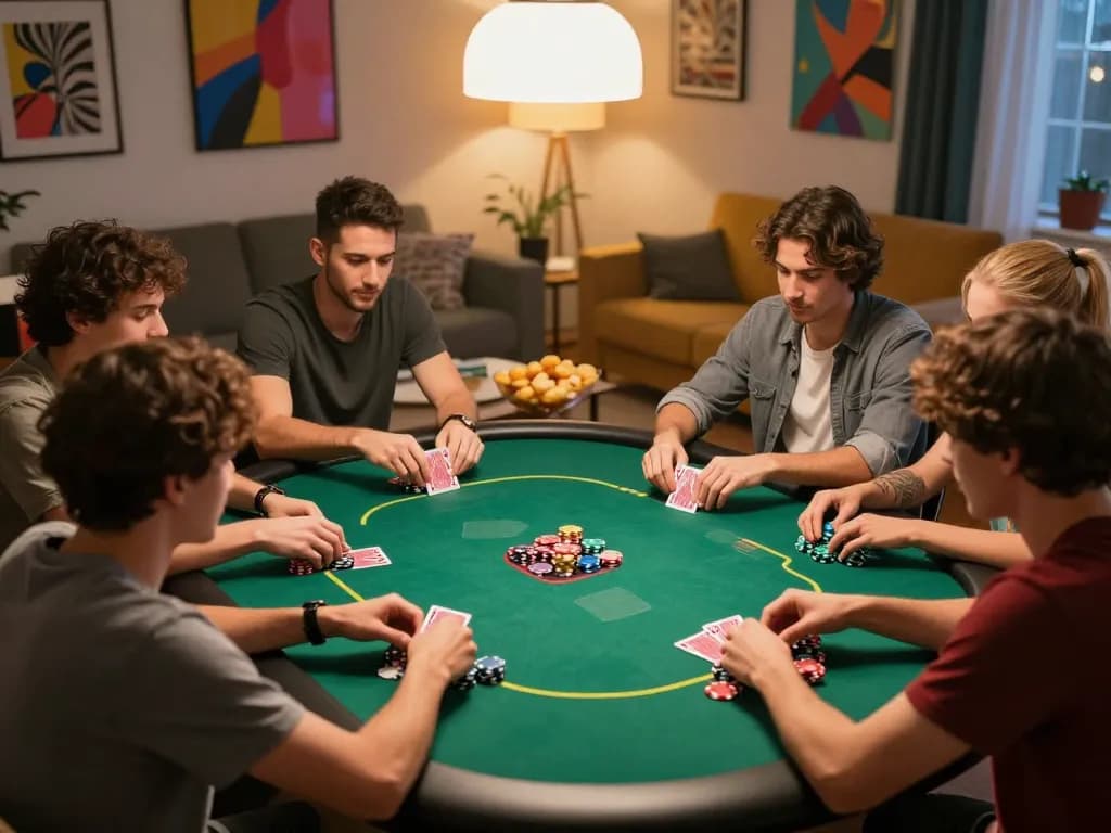 Friends engaged in an exciting poker game at home, showcasing ALO8 Live gaming experience with chips and cards.