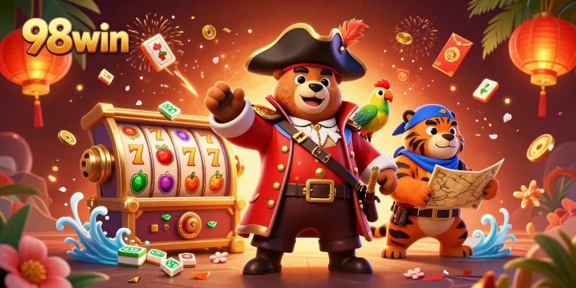 Win big with 98win in this vibrant casino scene featuring dynamic slot reels and energetic characters.