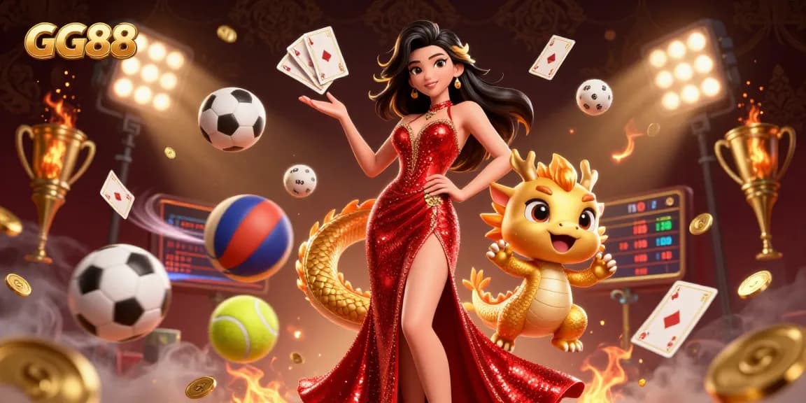 Experience the thrilling atmosphere of GG88 with a stunning Asian woman welcoming players amidst dynamic sports betting elements.