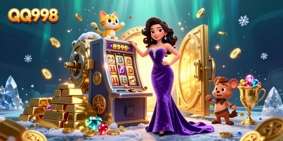 Experience thrilling gameplay at QQ998 with our vibrant 3D casino illustration showing jackpots and prizes.