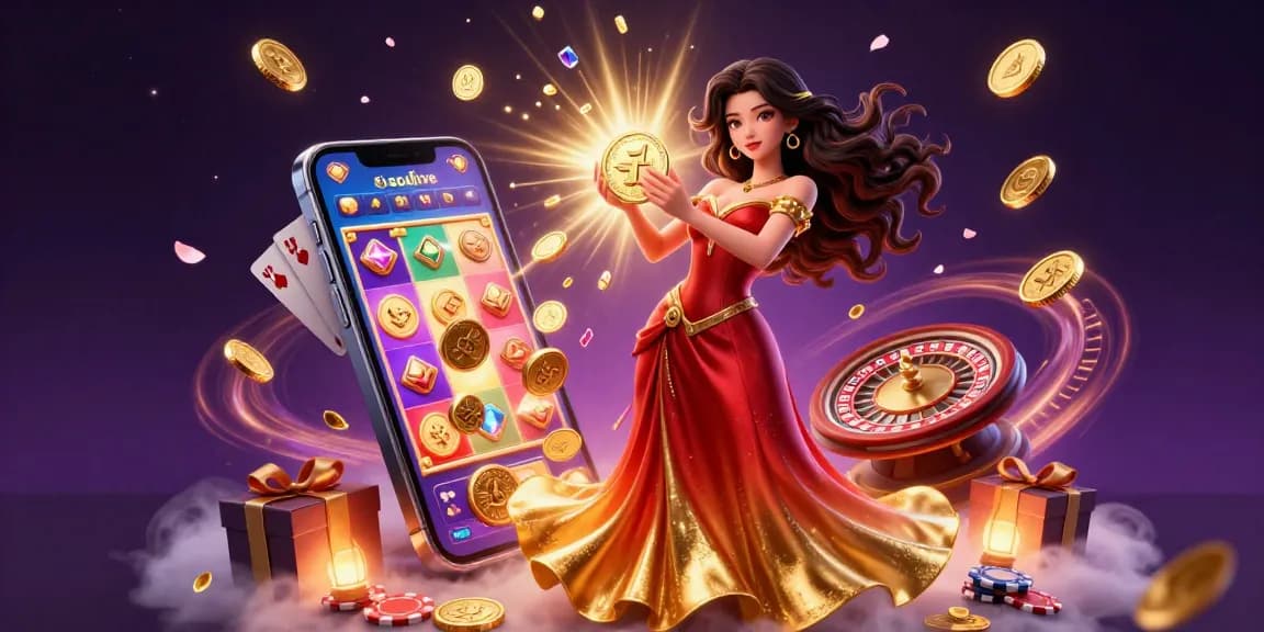 Socolive brings exciting gambling experiences with captivating visuals of a woman holding a golden coin amidst rich casino elements.