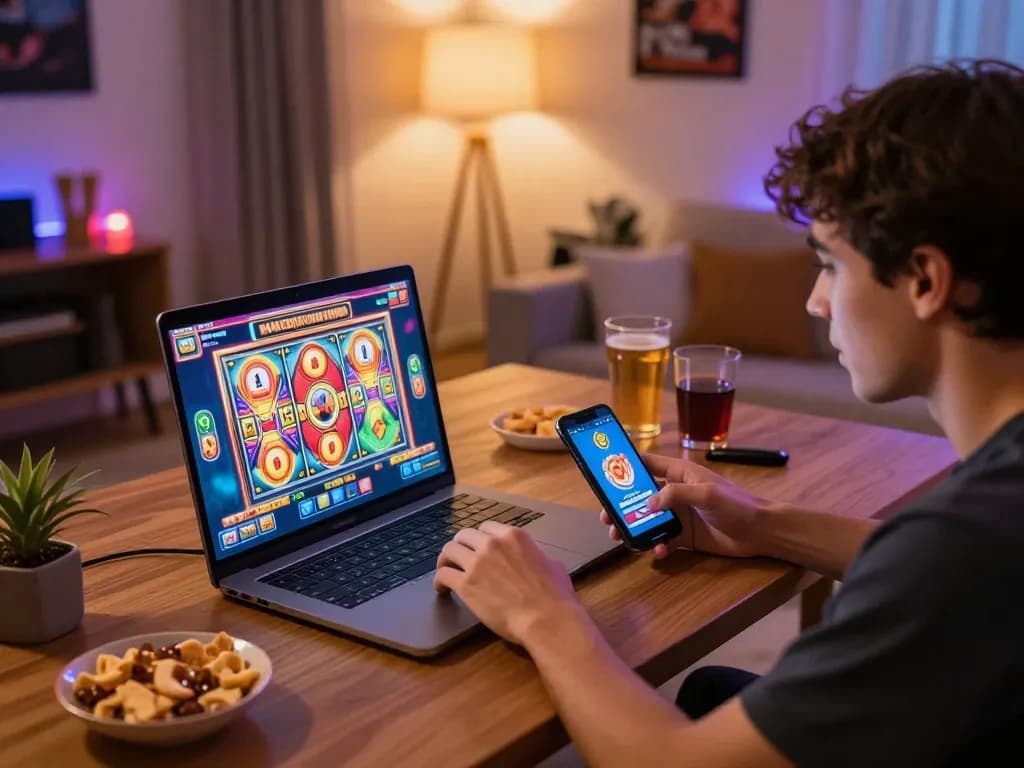 Bermain slot pulsa di laptop di rumah, menampilkan setup perjudian online yang menarik dengan camilan.