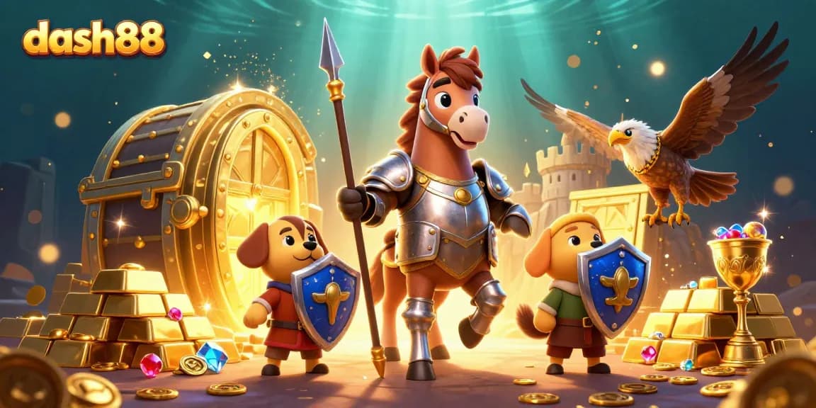 Experience thrilling gameplay with dash88 featuring knights and lavish treasures in this dynamic illustration.