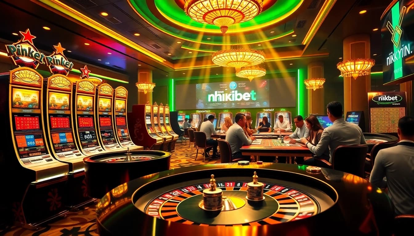 Exciting gambling scene at nhà cái rikbet with poker tables and vibrant slot machines.