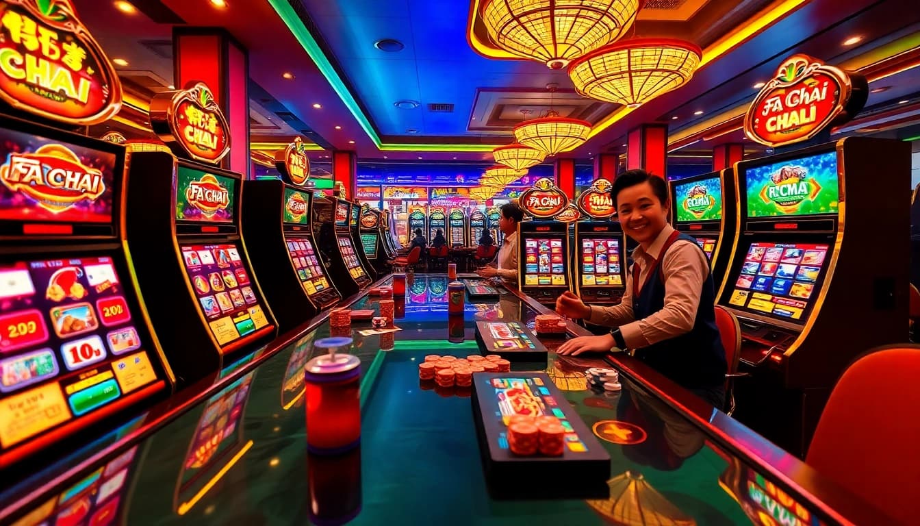 Enjoying fun times at ทดลองเล่นสล็อต ค่าย Fa Chai with vibrant slot machines and lively ambiance.