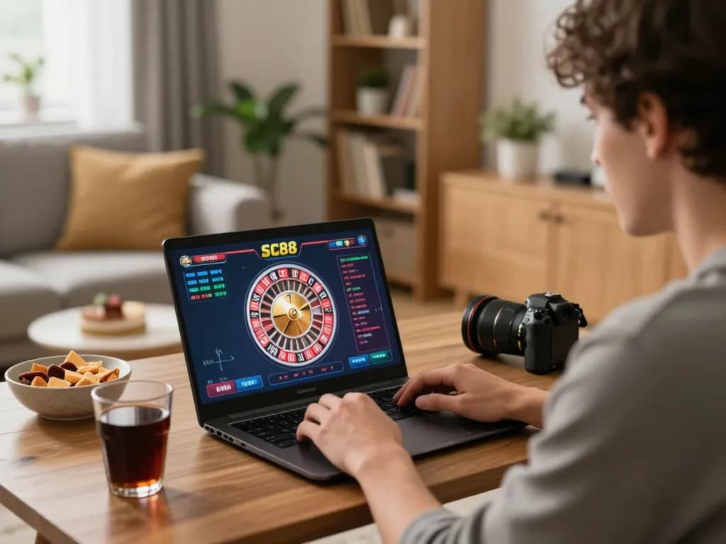 Play online SC88 casino at home, focusing on roulette gameplay on a laptop in a cozy living room