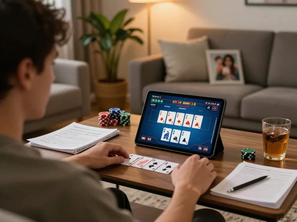 KADAL778 player strategizing during immersive online poker session at home with tablet and notes
