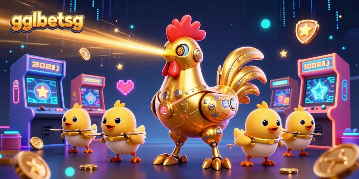 Engage with gglbetsg in a vibrant 3D casino scene featuring a golden rooster robot, arcade machines, and neon effects.