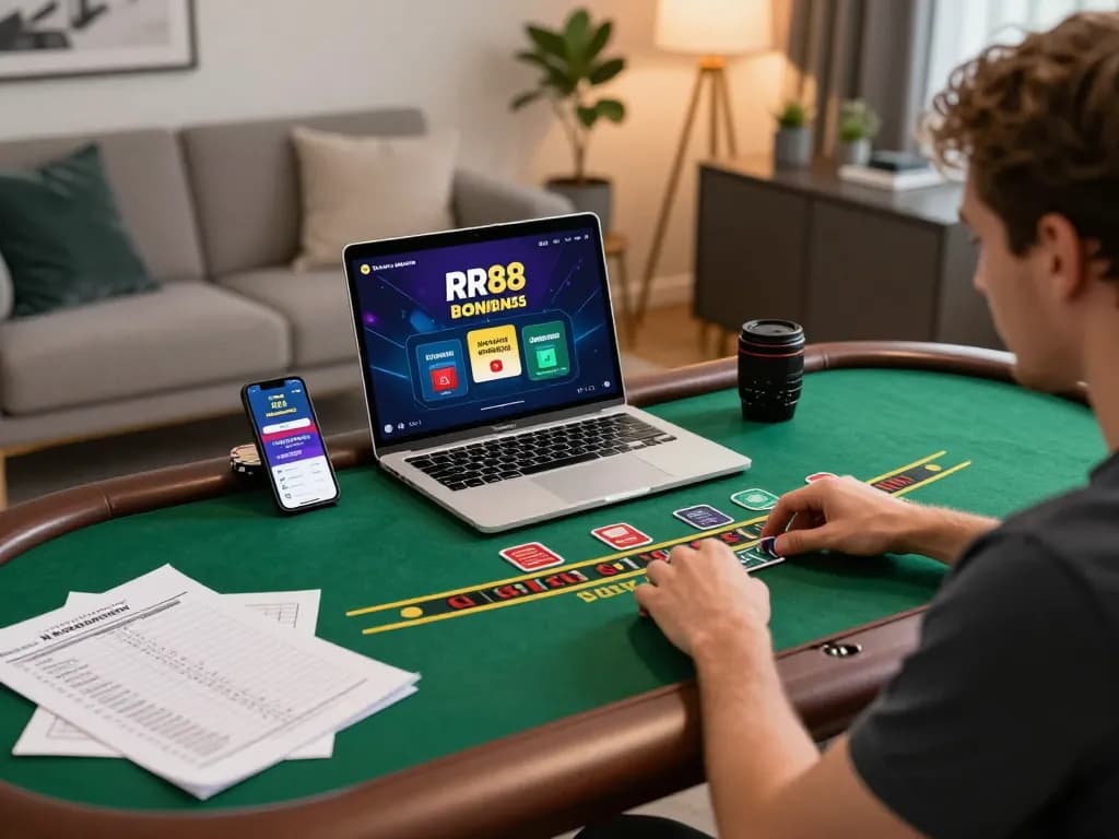 Player engaging in live dealer blackjack at home using RR88 casino app with strategic notes.