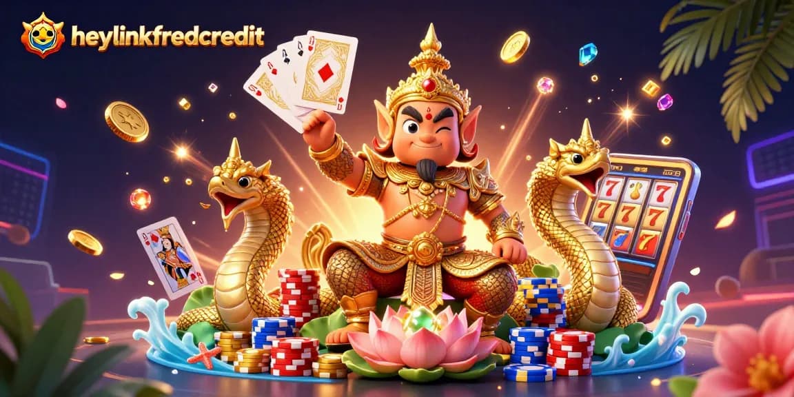 heylinkfreecredit offers a vibrant 3D casino scene with a Thai guardian, gold coins, and slot reels