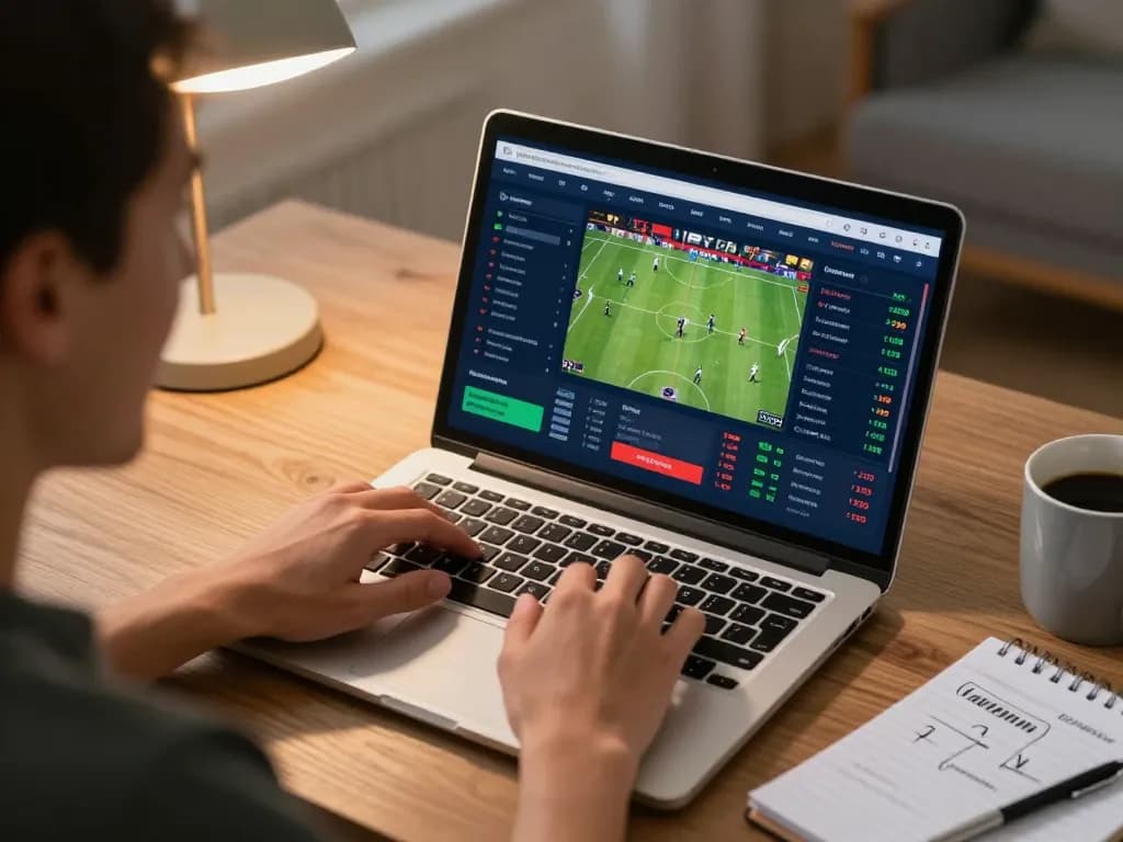 Betting enthusiast analyzing odds on 388bet, engaged in online sports gambling strategy.