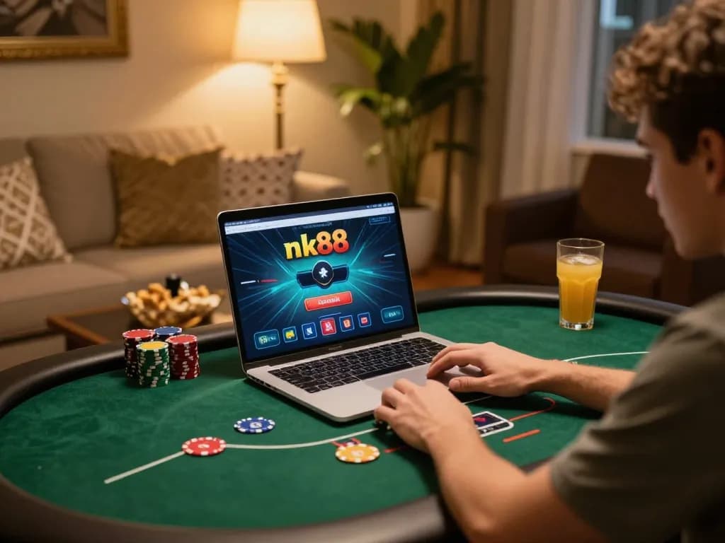 Engaging with the nk88 platform, a player enjoys online poker in a cozy home setting.