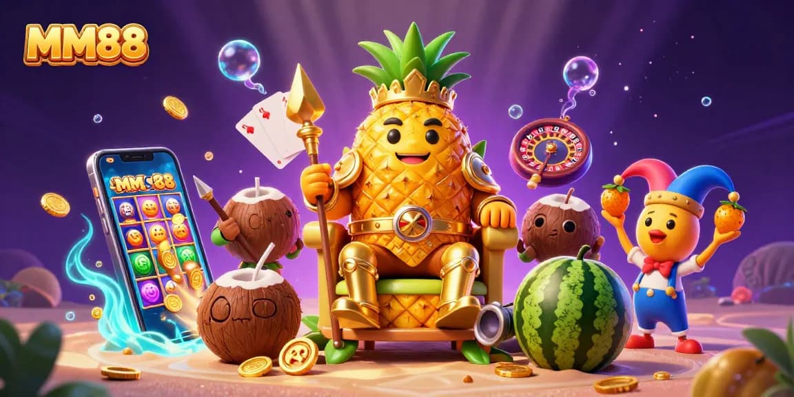 Experience the thrilling MM88 casino adventure with a golden pineapple king ruling a vibrant gaming scene.