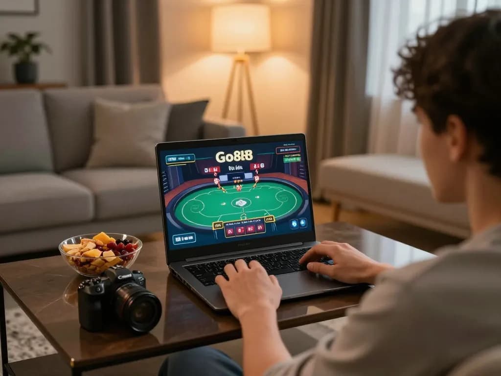 Person playing Go88 online poker in a cozy living room, laptop showing game interface.