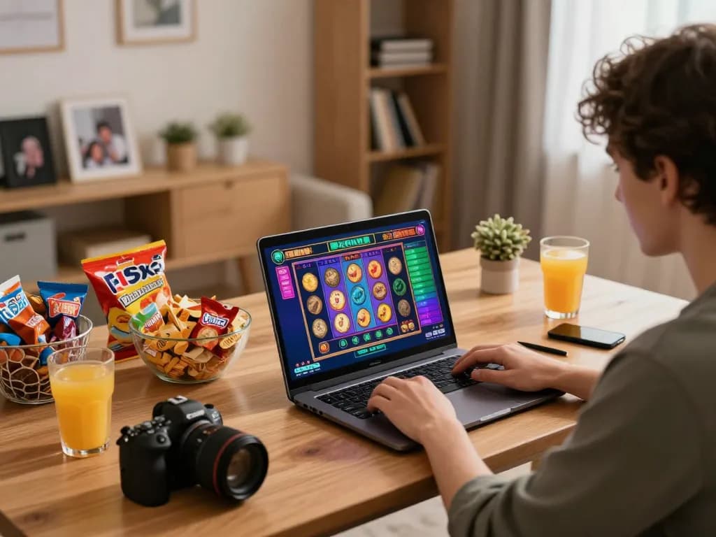 Engaging home setup for online slots on a laptop while practicing situs slot gacor strategies.