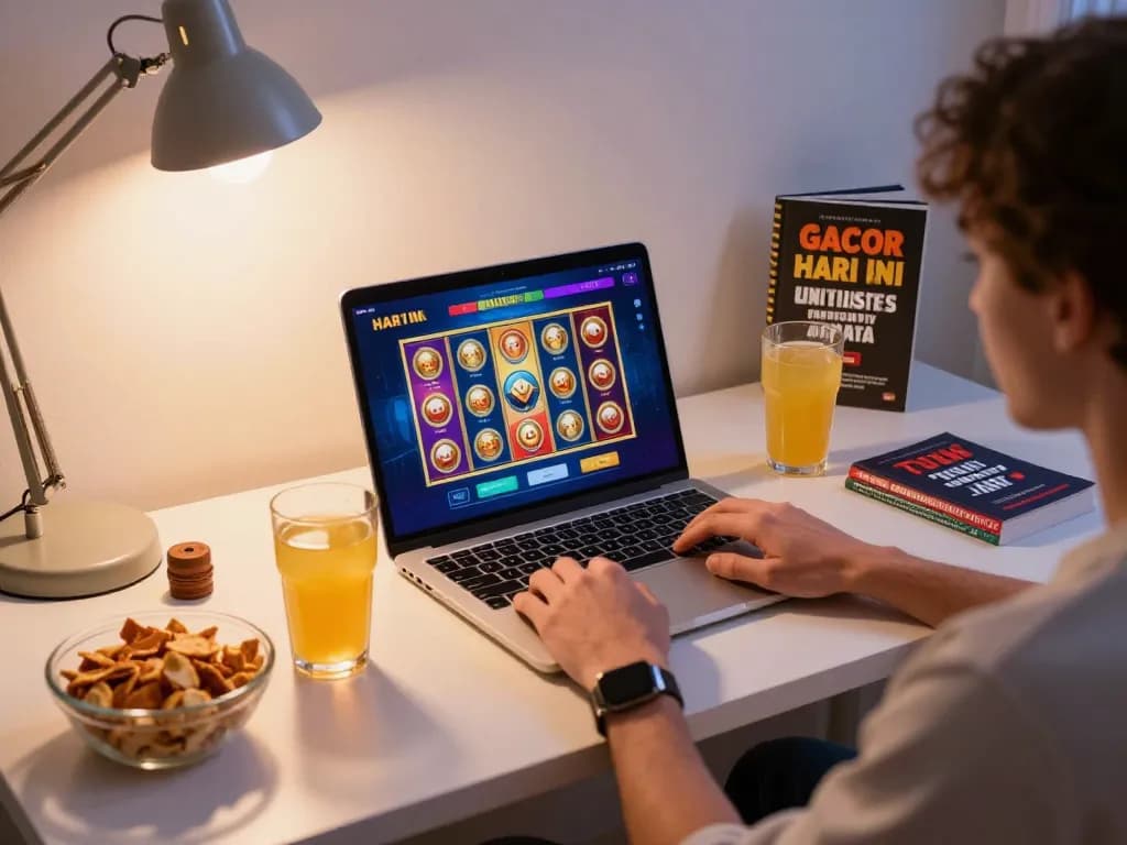 Engaging online gaming scene with slot gacor hari ini displayed on laptop, reflecting casual home entertainment.