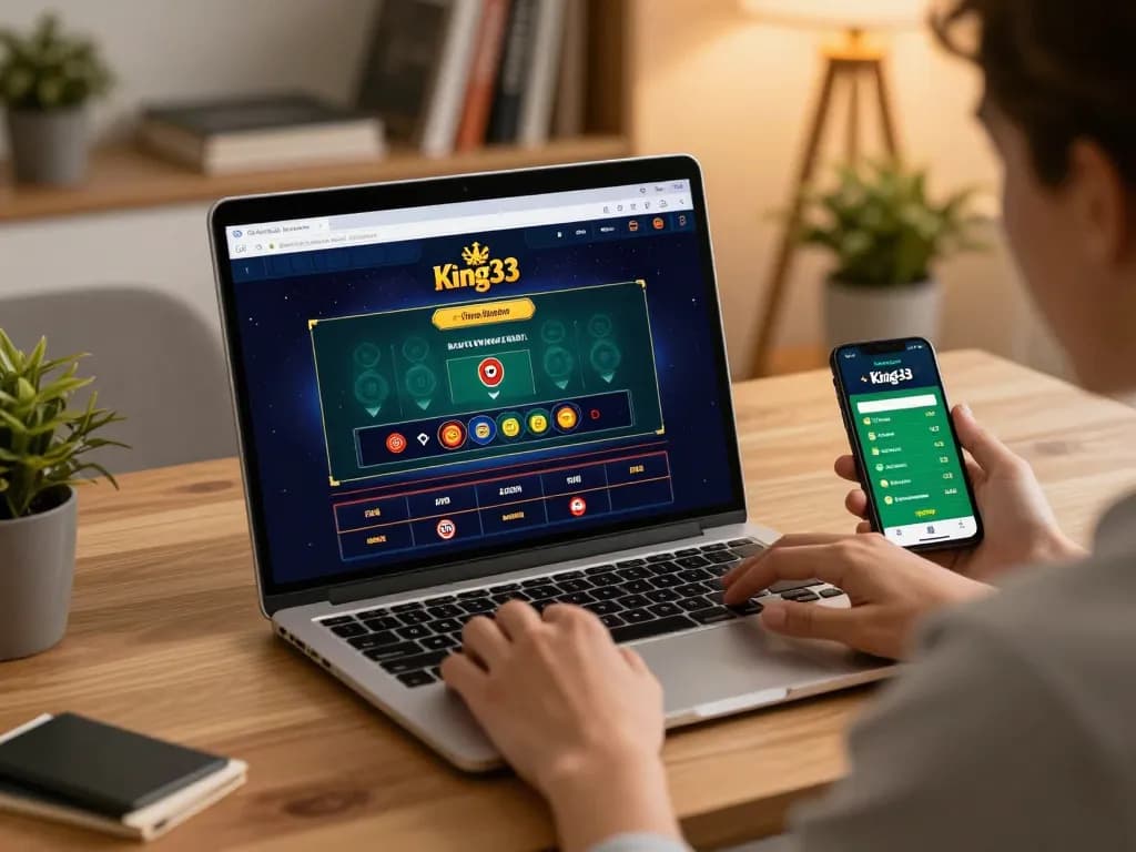 Engaging player analyzing betting strategies on king33 online casino interface with a warm home setting