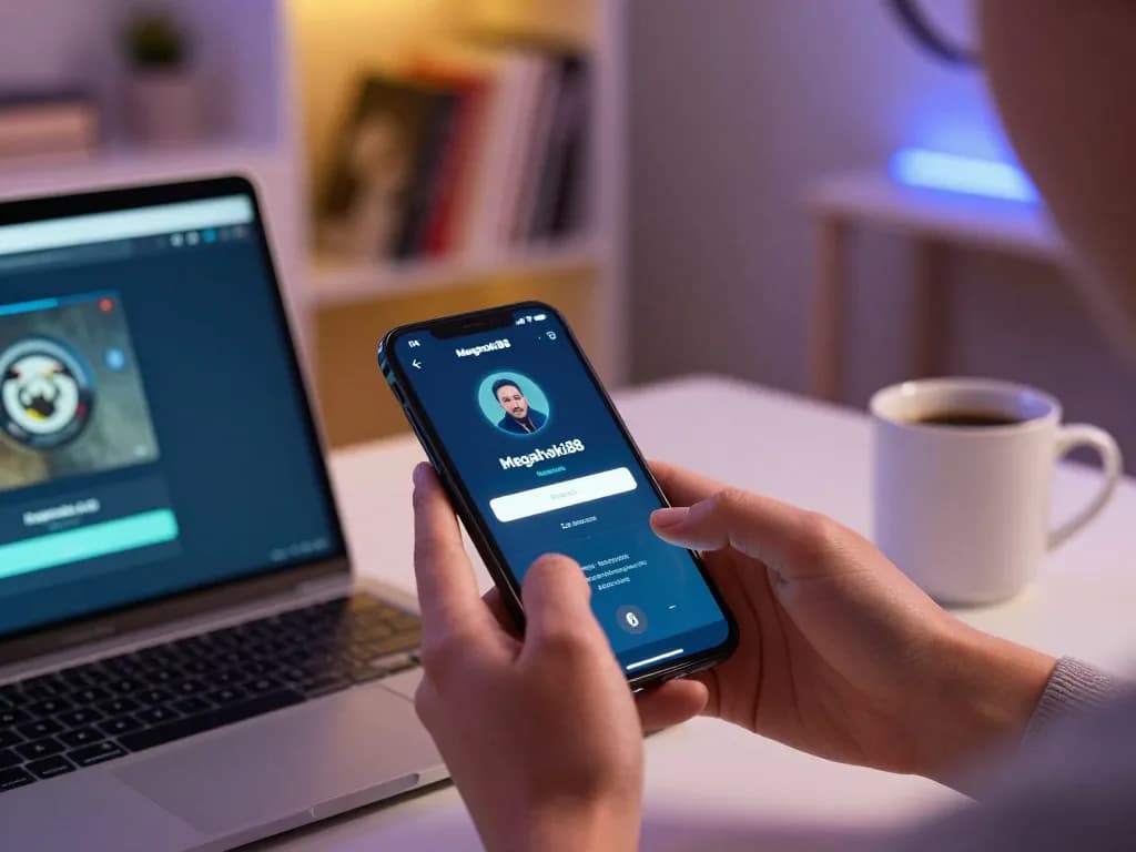 Accessing megahoki88 login on a smartphone screen at a cozy home desk, showcasing user engagement and mobile gaming.