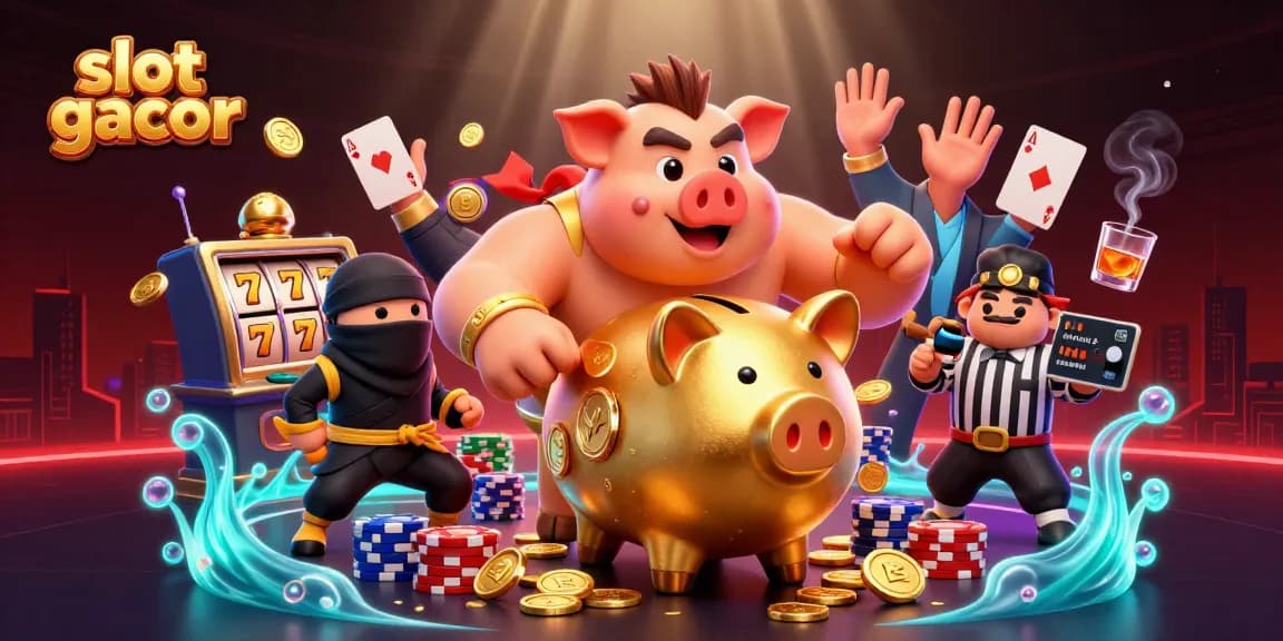 Slot gacor menyajikan ilustrasi karakter berbeda dalam permainan kasino mengguncang koin emas dengan keberuntungan tinggi.