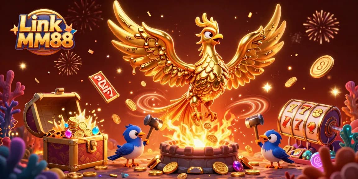 Experience thrilling wins with Link MM88's vibrant golden phoenix and magical casino elements.