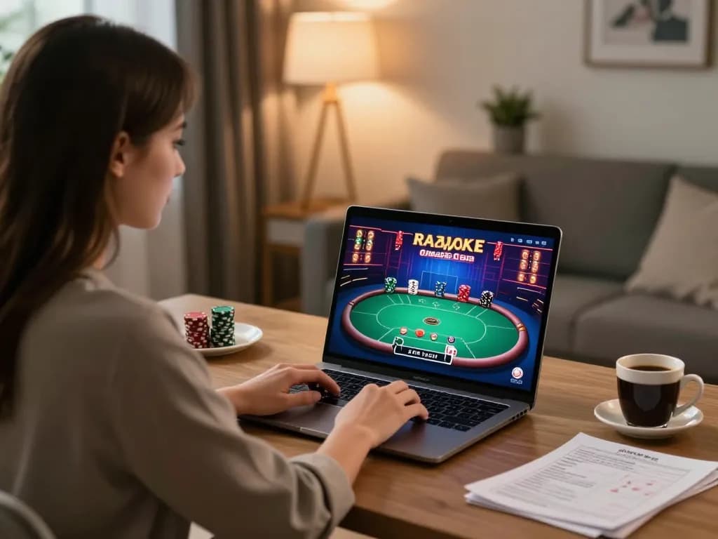 GO8 player strategizing online poker with warm ambiance and vibrant graphics.