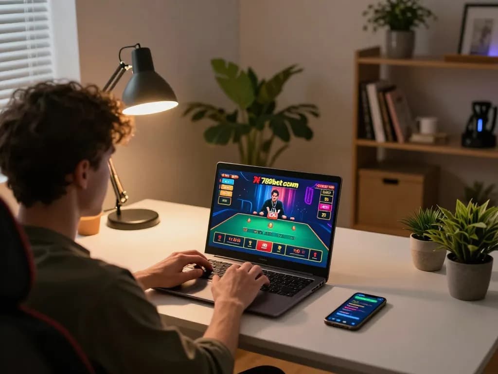 Engaging player using laptop for 789bet com online gaming with live dealer action visible.