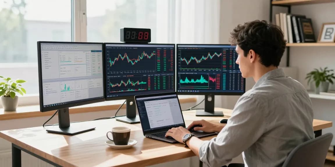 Трейдер анализирует отзывы bitmex в современном домашнем офисе перед экранами с графиками